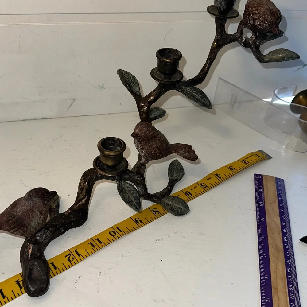 Vintage brass/metal 3 bird brutalist candelabra branch